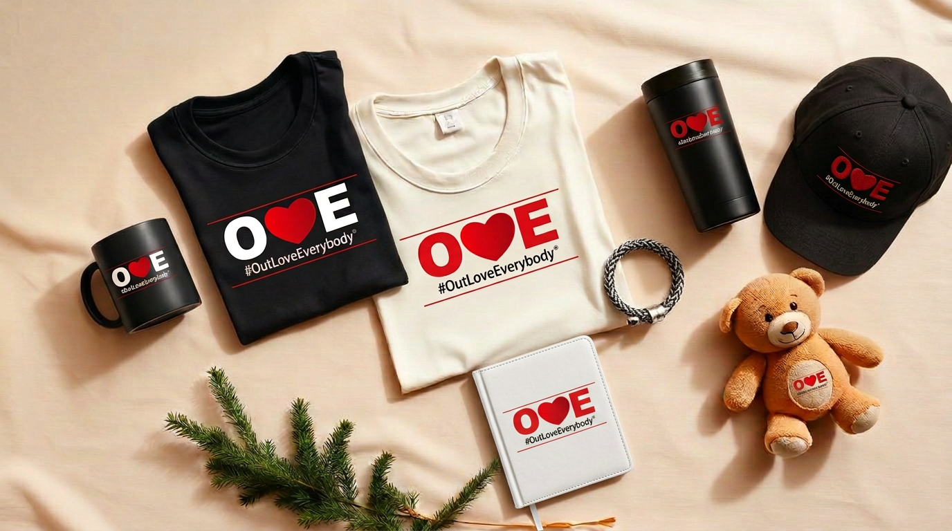 Flat-lay of Out Love Everybody merchandise including a t-shirt, mug, tumbler, journal, bracelet, and stuffed animal